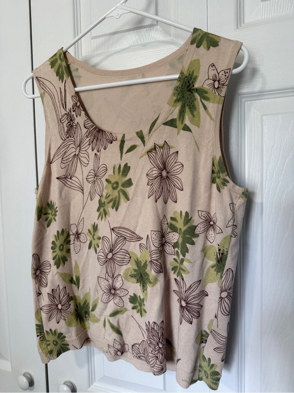 Floral Knit Sweater Tank Beige Green Stretch Sleeveless Top L/XL
